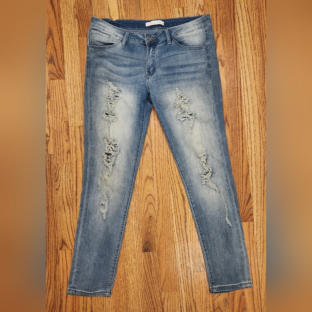 Juniors Distressed Blue Jeans By Nature, Size: 11, Low-rise, Stretch